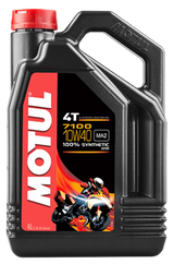 Black plastic jug of Motul 7100 4T 10W40 synthetic engine oil for 4-stroke engines