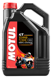 Black plastic jug of Motul 7100 4T 10W40 synthetic engine oil for 4-stroke engines