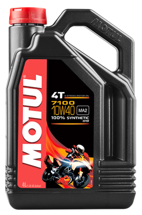 Black plastic jug of Motul 7100 4T 10W40 synthetic engine oil for 4-stroke engines