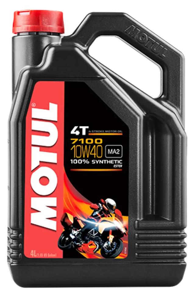 Black plastic jug of Motul 7100 4T 10W40 synthetic engine oil for 4-stroke engines