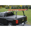 Black pickup truck with ladder rack.