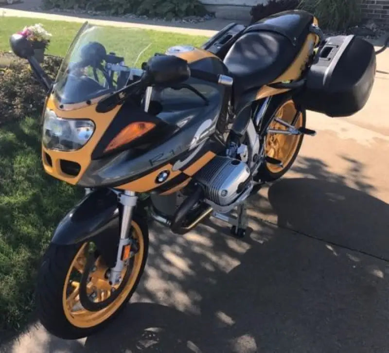 Yellow and black BMW motorcycle.