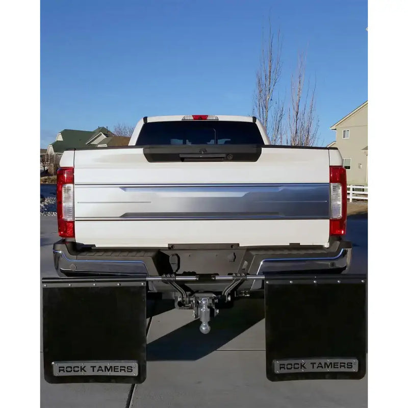 Mud Flap Cut-To-Fit 24 x Inch; 3 Inch Receiver Mount System With 2 Flaps; Flat; Rock Tamers Logo; Matte Black;