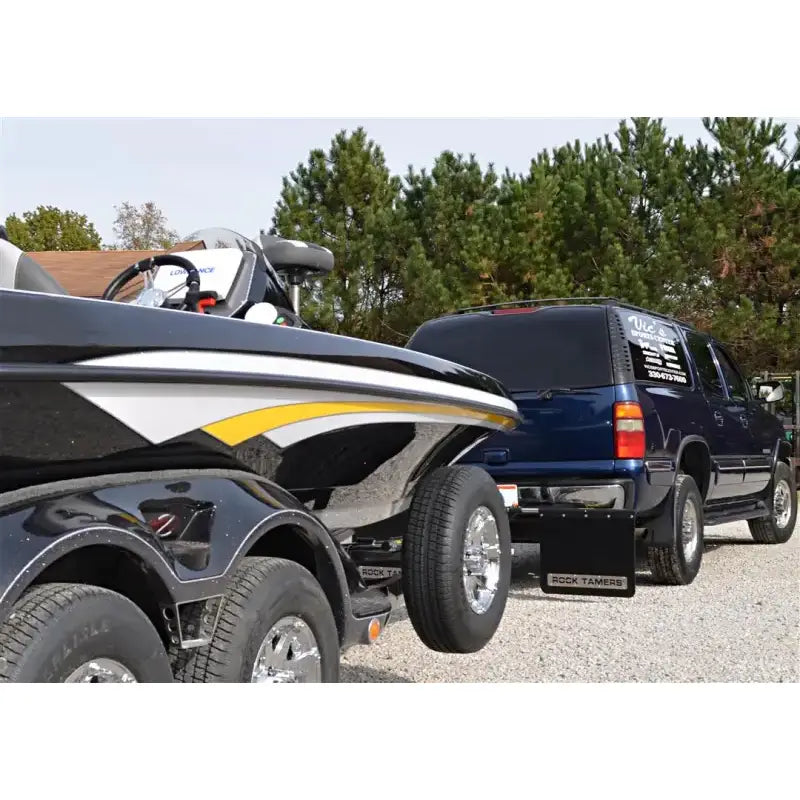 Mud Flap Cut-To-Fit 24 x Inch; 3 Inch Receiver Mount System With 2 Flaps; Flat; Rock Tamers Logo; Matte Black;