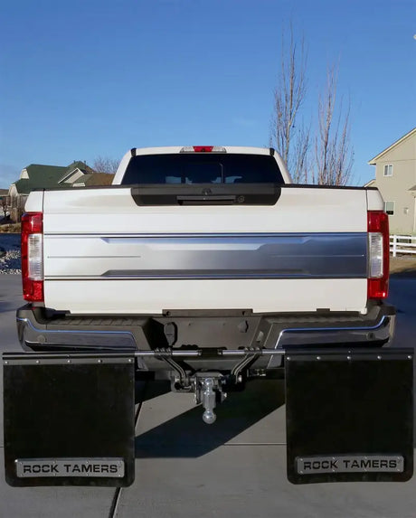 Mud Flap Cut-To-Fit 24 x Inch; 3 Inch Receiver Mount System With 2 Flaps; Flat; Rock Tamers Logo; Matte Black;
