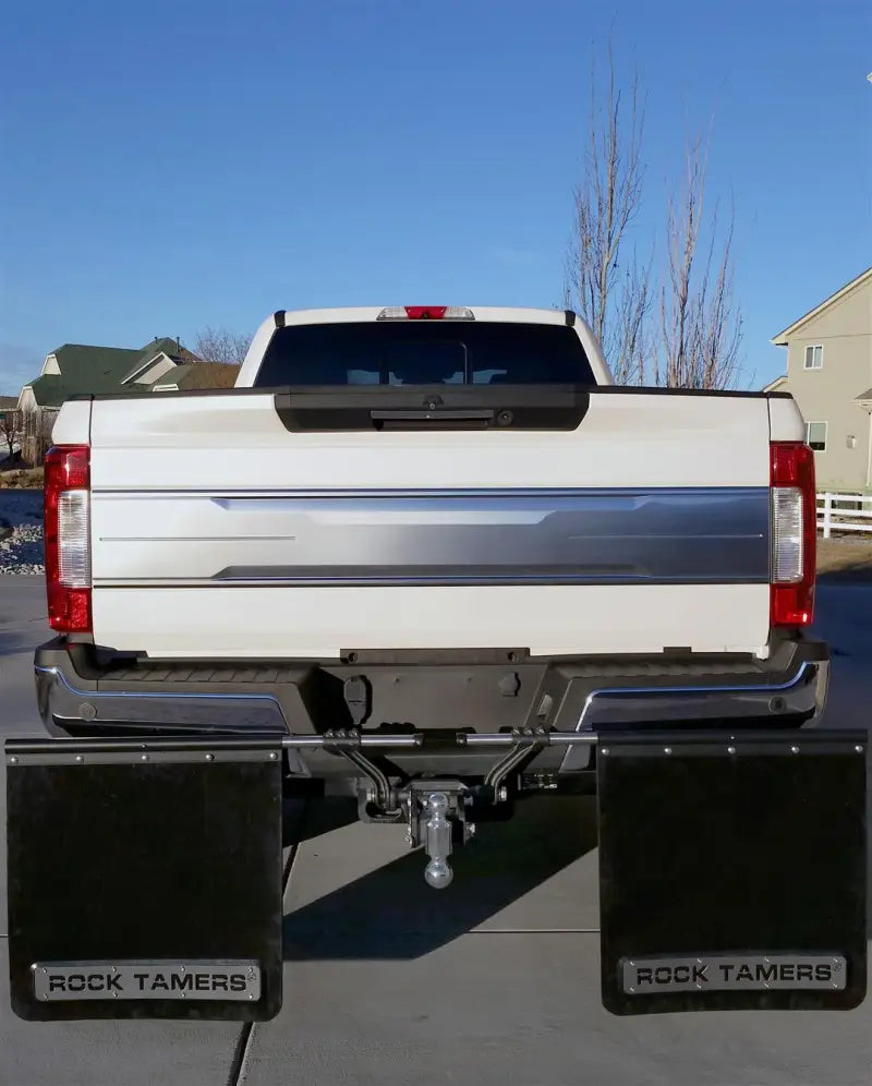 Mud Flap Cut-To-Fit 24 x Inch; 3 Inch Receiver Mount System With 2 Flaps; Flat; Rock Tamers Logo; Matte Black;