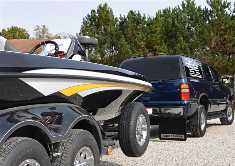 Mud Flap Cut-To-Fit 24 x Inch; 3 Inch Receiver Mount System With 2 Flaps; Flat; Rock Tamers Logo; Matte Black;