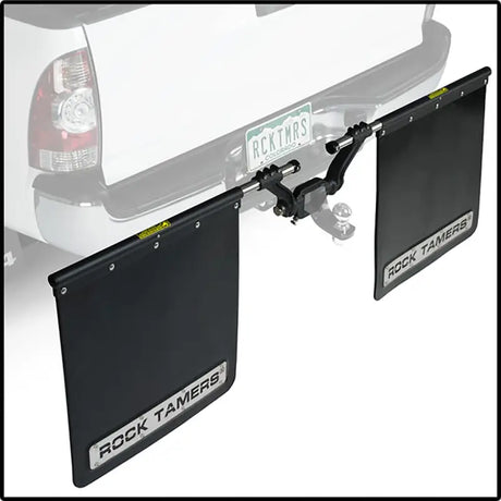 Mud Flap Cut-To-Fit 24 x Inch; 3 Inch Receiver Mount System With 2 Flaps; Flat; Rock Tamers Logo; Matte Black;