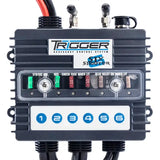 Trigger Six Shooter Multi Purpose Light Controller, controls 6 accessories, 12-24 volts, Android/iOS compatibility, on/off-dimming functions, 8-foot waterproof wiring harness, and RF remote module.