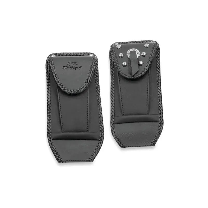 Black leather pouches on Harley Softail tank bib for Mustang 00-21 Harley Softail tank