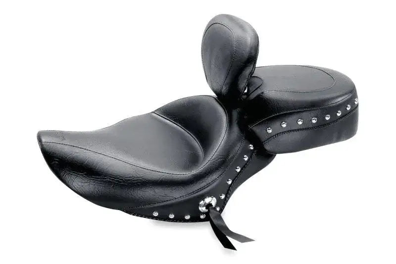 Black leather Harley Sportster wide stud touring solo seat with studs and backrest
