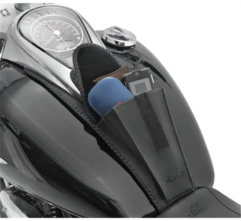 Motorcycle tank bib with storage pouch for Suzuki VL800 Volusia in black
