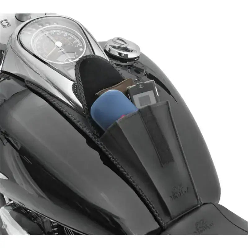Motorcycle tank bib with storage pouch for Suzuki VL800 Volusia in black