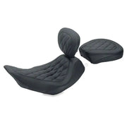 Black Harley Dyna wide tripper solo seat with backrest and passenger seat