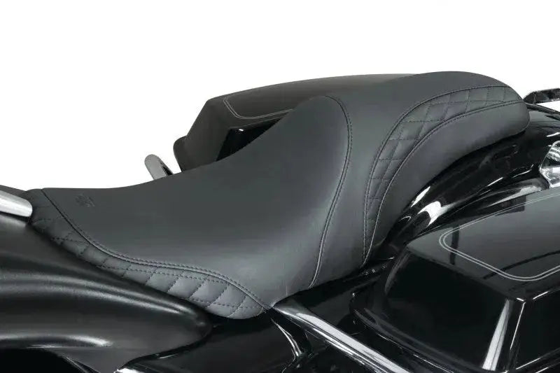 Black Harley Electra Glide tripper fastback seat with diamond stitching for style and comfort