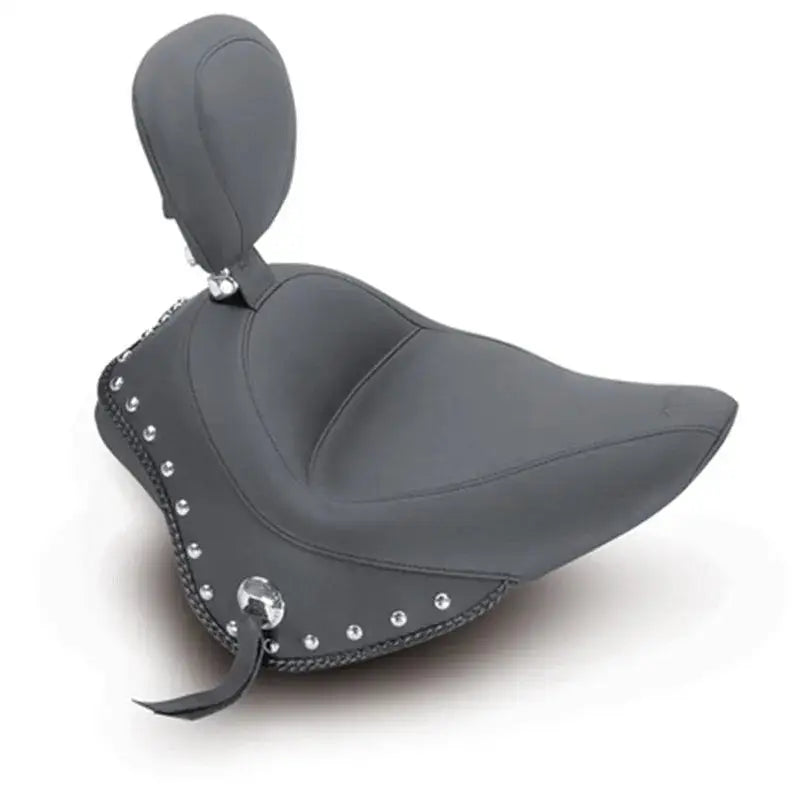 Gray motorcycle solo seat with studded trim for Harley Blackline and Slim Slim wide touring models