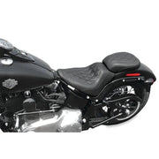 Black motorcycle with diamond-stitched wide tripper solo seat on Mustang Harley Blackline