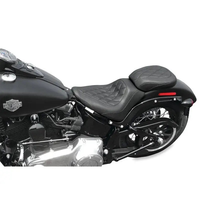 Black motorcycle with diamond-stitched wide tripper solo seat on Mustang Harley Blackline