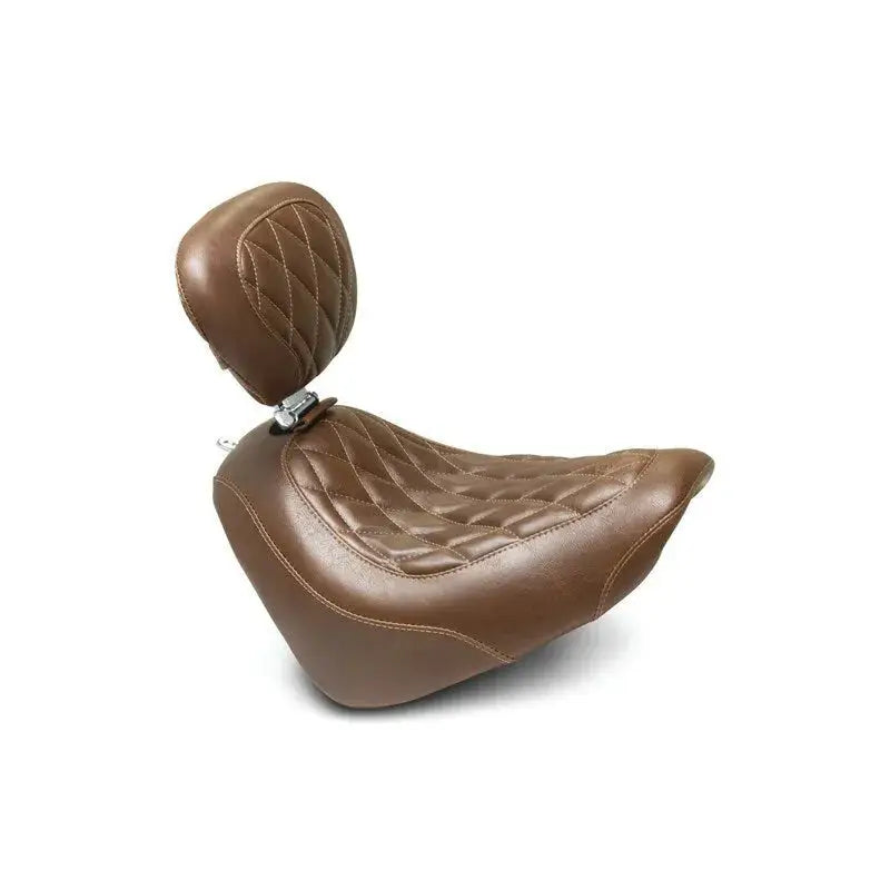 Brown leather Harley Fat Bob wide tripper solo seat with backrest for added comfort
