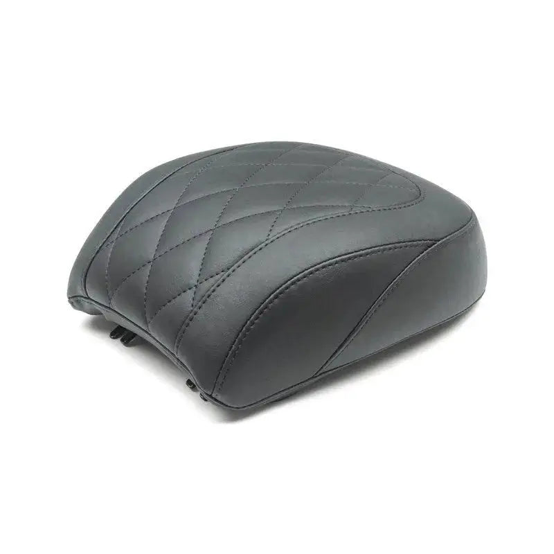 Black leather Harley Fat Boy passenger seat with stylish diamond stitching