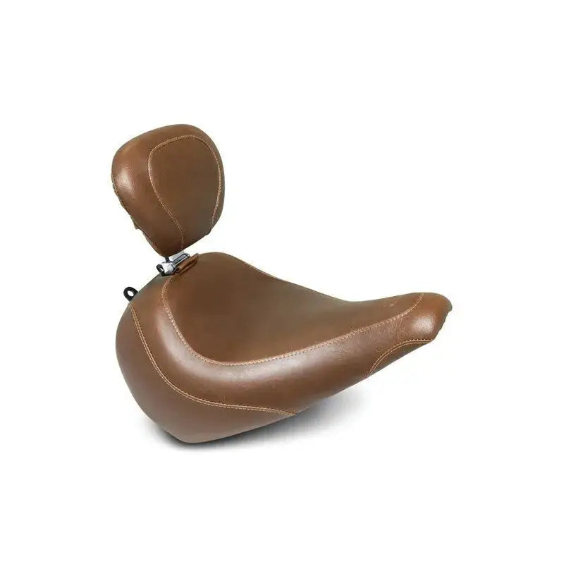 Brown leather Harley Fat Boy wide tripper solo seat with backrest for added comfort