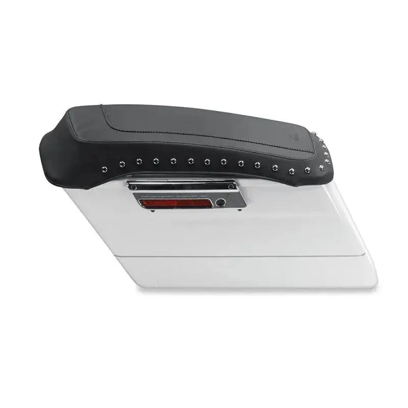 White motorcycle saddlebag lid covers with black pearl studs for early FL touring Road King