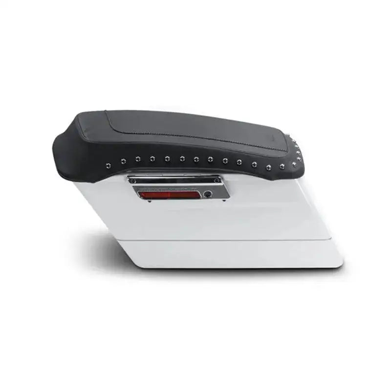 White motorcycle trunk with studded black seat showcasing Mustang 80-07 Harley FL touring lid covers