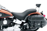 Motorcycle with studded saddlebag and Mustang 84-99 Harley Standard Rear Tire DayTripper 1PC seat in black