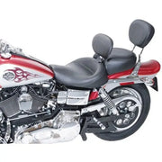 Red and silver Harley Dyna wide touring motorcycle with black seats and sleek style