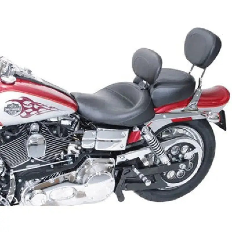 Red and silver Harley Dyna wide touring motorcycle with black seats and sleek style