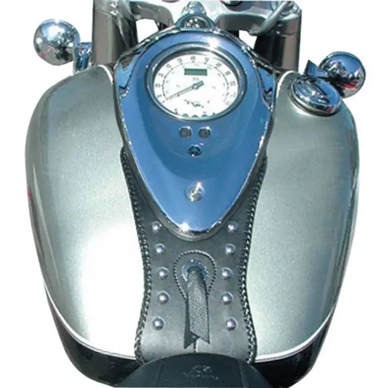 Motorcycle fuel tank with studded leather panel for Yamaha Road Star black tank bib