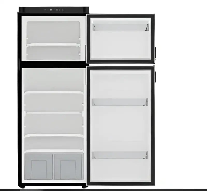 Open two-door refrigerator from N10DCBKL Norcold 10 Cu Ft 12V DC Comp Refer LHD Black