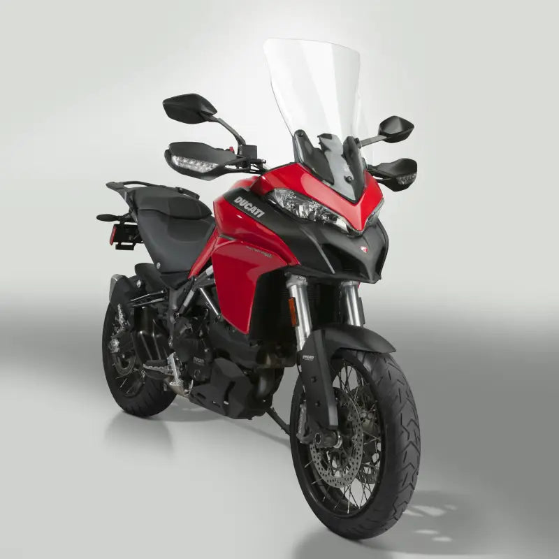 Red Ducati adventure motorcycle with clear windscreen and handguards, hard coated polycarbonate model bike