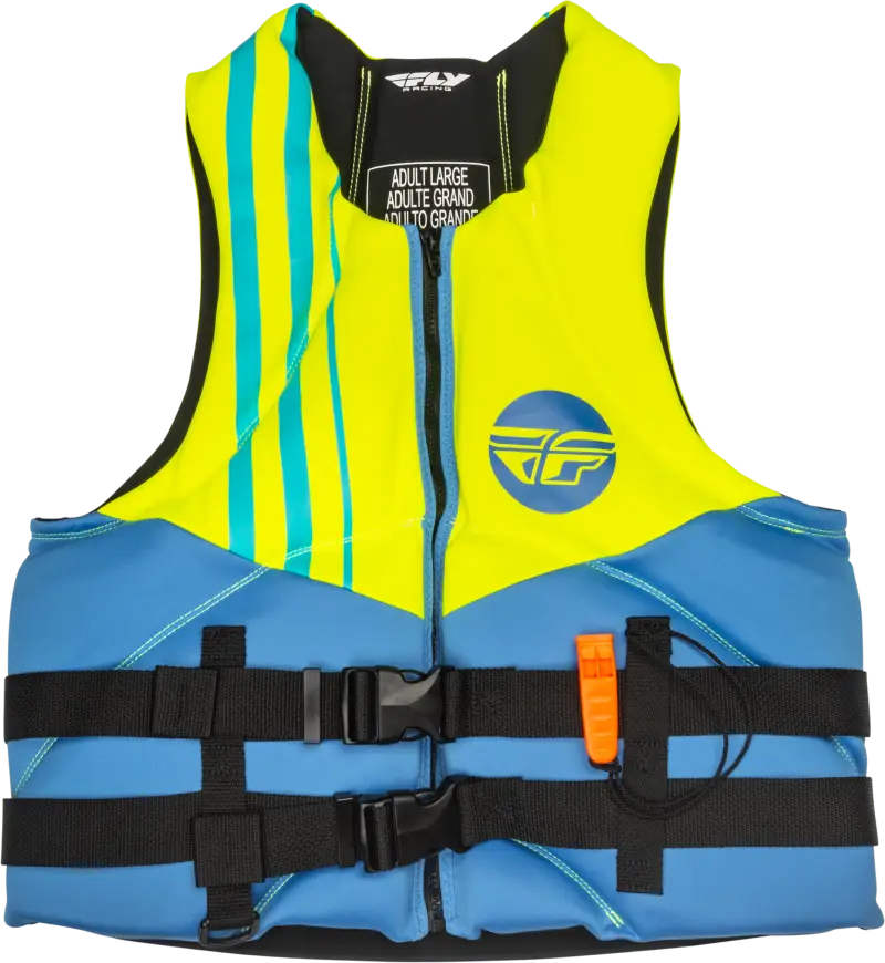Blue and yellow neoprene flotation vest perfect for powersports and rv parts & accessories