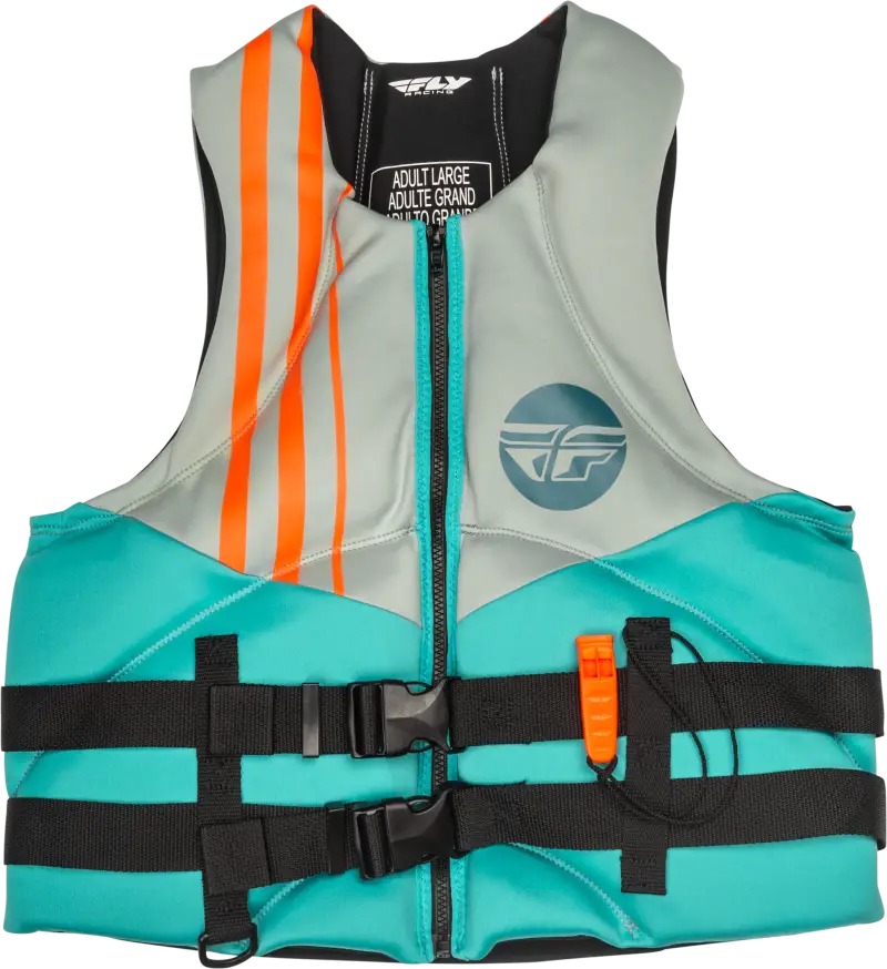 Gray and teal neoprene flotation vest with orange stripes for powersports or rv parts & accessories