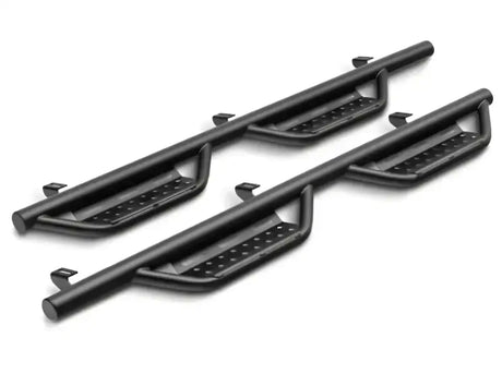 Nerf Bar With Drop Down Steps; 2 Inch Round Bent; Black Textured Powder Coated; Steel; Without End Caps; Rocker Panel
