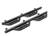 Black metal nerf bar with rocker panel mount and side steps for trucks