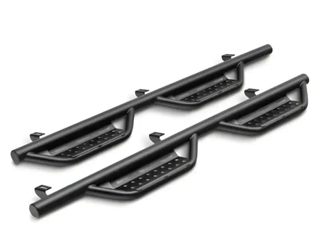 Black metal nerf bar with rocker panel mount and side steps for trucks