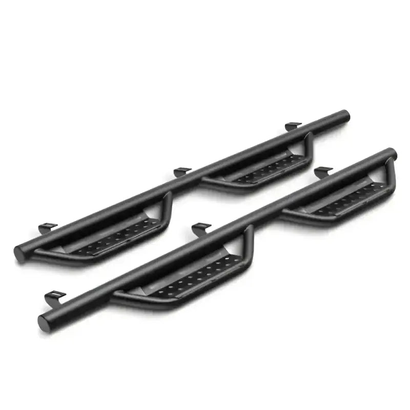 Black metal nerf bar with rocker panel mount and side steps for trucks