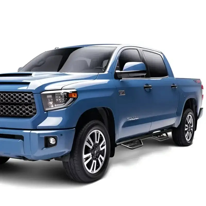 Blue Toyota Tundra nerf bar with rocker panel mount and drop down steps