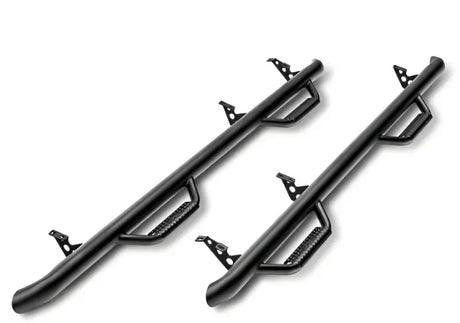 Nerf Bar With Drop Down Steps; 3 Inch Round Bent; Black Textured Matte Powder Coated; Steel; Without End Caps; Rocker