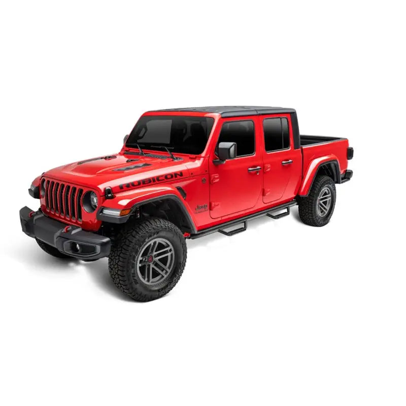 Keystone J1980T Nerf Bar With Drop Down Steps; 3 Inch Round Bent; Black Textured Matte Powder Coated; Steel; Without End Caps; Rocker Panel Mount
