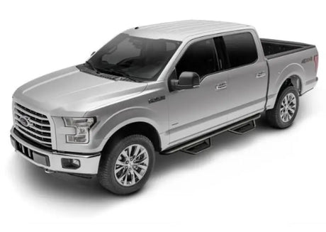 Nerf Bar With Drop Down Steps; 3 Inch Round Bent; Textured Powder Coated Matte Black Stainless Steel; Welded Vented End