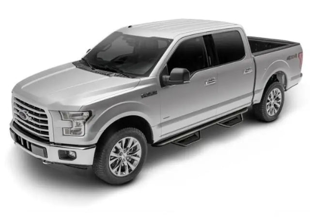 Nerf Bar With Drop Down Steps; 3 Inch Round Bent; Textured Powder Coated Matte Black Stainless Steel; Welded Vented End