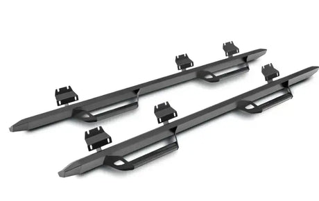 Nerf Bar With Drop Down Steps; Angular Design Straight; Black Textured Powder Coated; Aluminum; Aluminum End Caps;