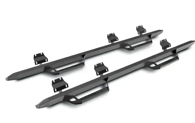 Nerf Bar With Drop Down Steps; Angular Design Straight; Black Textured Powder Coated; Aluminum; Aluminum End Caps;