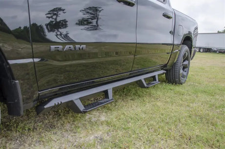 Nerf Bar With Drop Down Steps; Angular Style Straight; Textured Powder Coated Black; Steel; Without End Caps; Rocker
