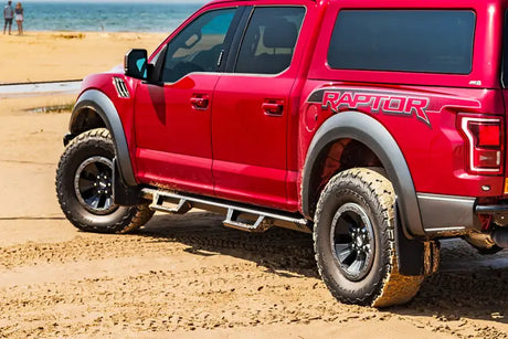 Nerf Bar With Drop Down Steps; Angular Style Straight; Textured Powder Coated Black; Steel; Without End Caps; Rocker