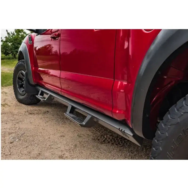 Nerf Bar With Drop Down Steps; Angular Style Straight; Textured Powder Coated Black; Steel; Without End Caps; Rocker