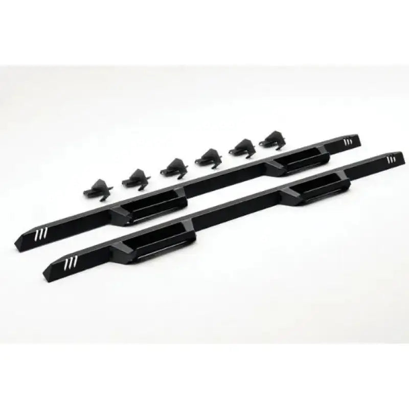 Nerf Bar With Drop Down Steps; Angular Style Straight; Textured Powder Coated Black; Steel; Without End Caps; Rocker